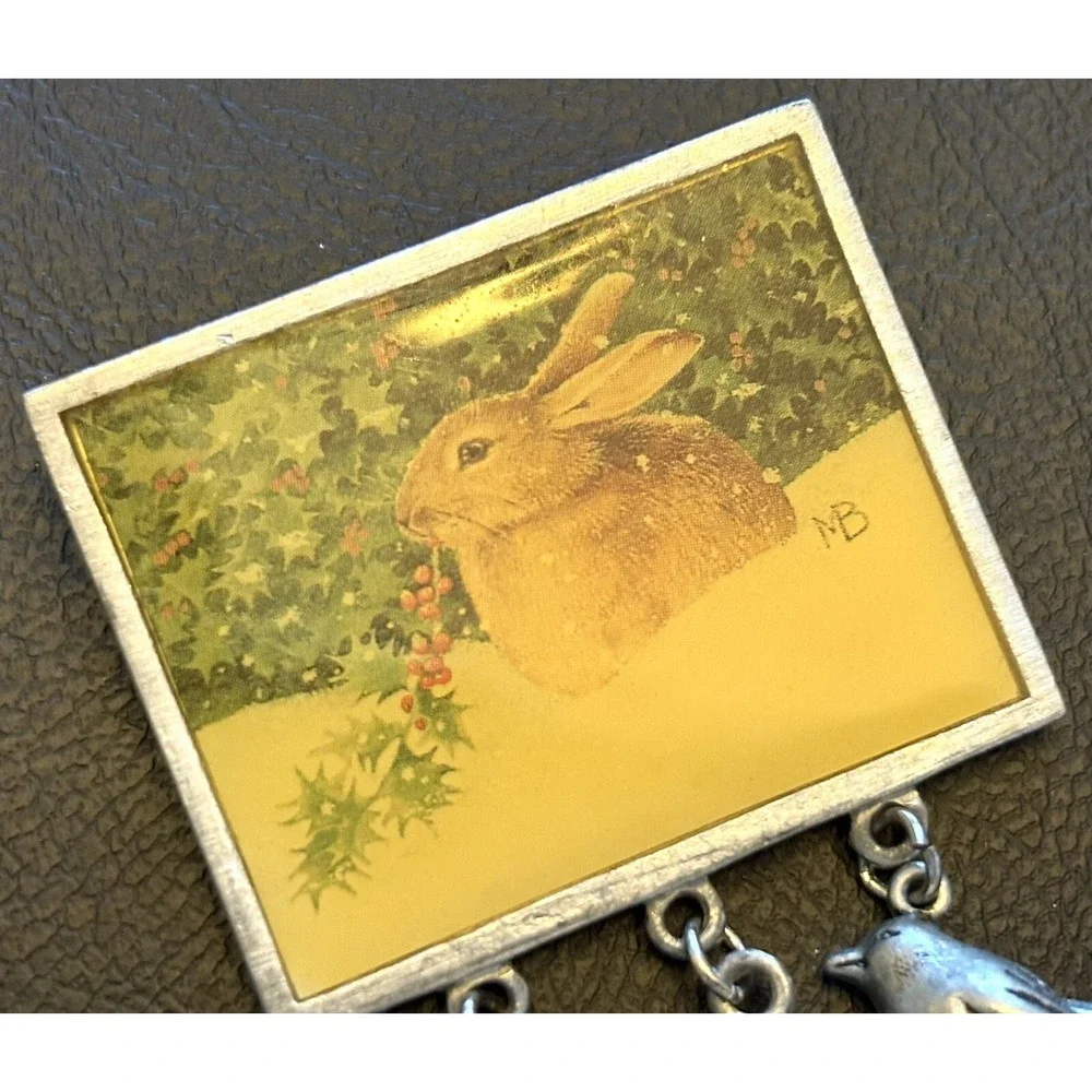 VTG Marjolein Bastin Bunny Brooch Pin Pewter Bird Holly Dangle Charms Spring